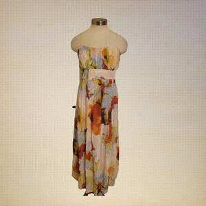 Spring Floral Jonathan Martin Pleated Maxi Dress Spaghetti Straps Waist Tie L XL